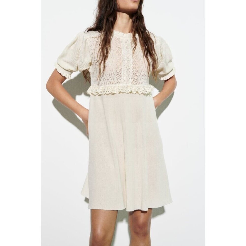 ZARA COTTON ECRU BALLOON SLEEVES KNEE MIXED POINTELLE LACE KNIT ROMANTIC DRESS M